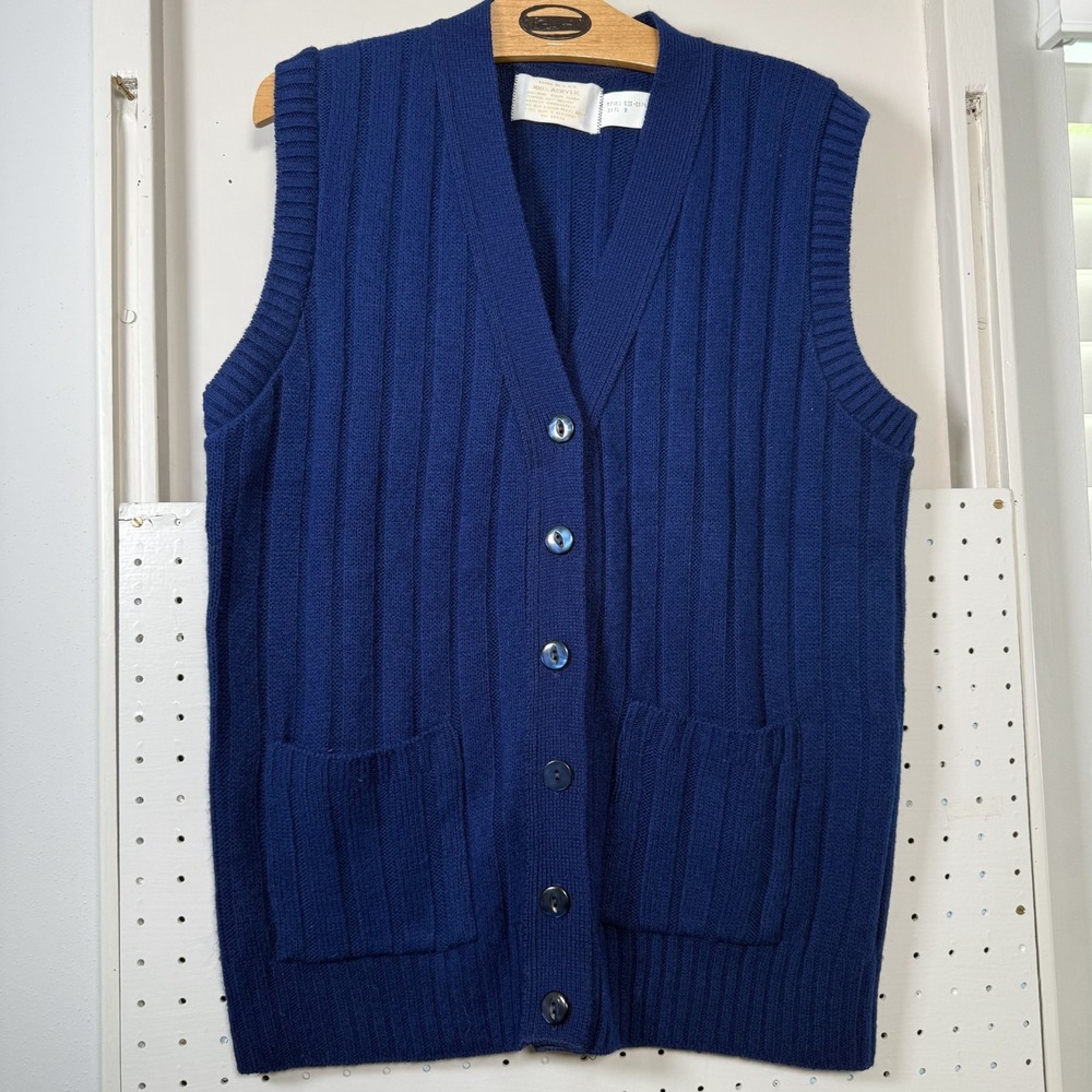 Montgomery Ward‎ Cardigan Sweater Women's Medium Blue Knit Sleeveless Ribbed Hem
